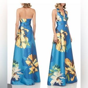 Kay Unger Carolina Floral  Mikado Halter Maxi Dress Gown Blue NEW Satin 4  FINAL